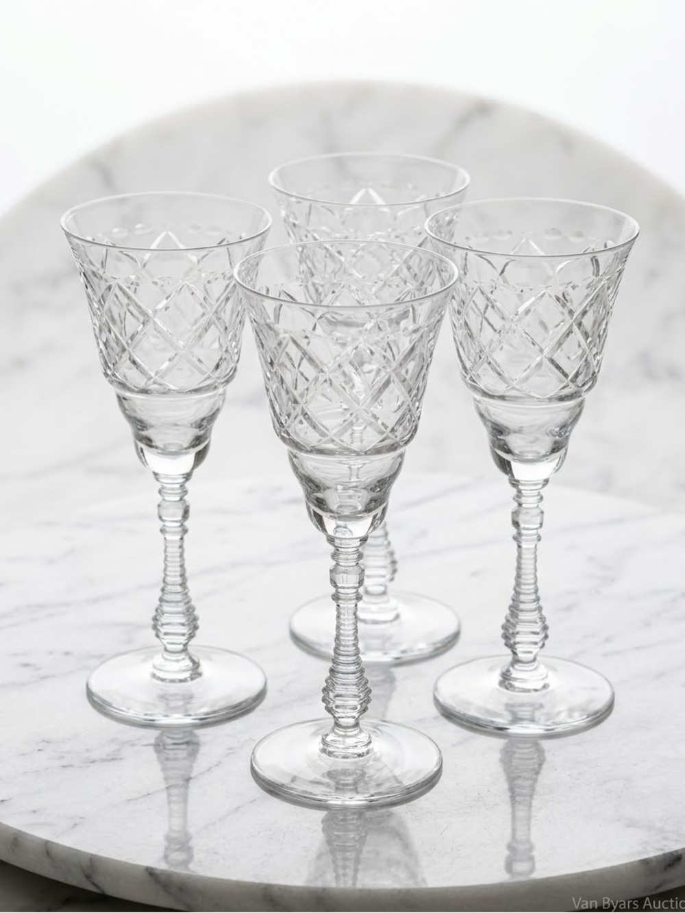 Four Diamond Desige Cut Glass Vintage Stemed 7 3/4" Tall Wine Glasses 50 Years